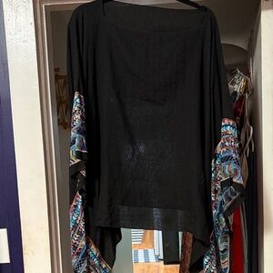 Black Kimono with Colorful Patterned Sleeves
